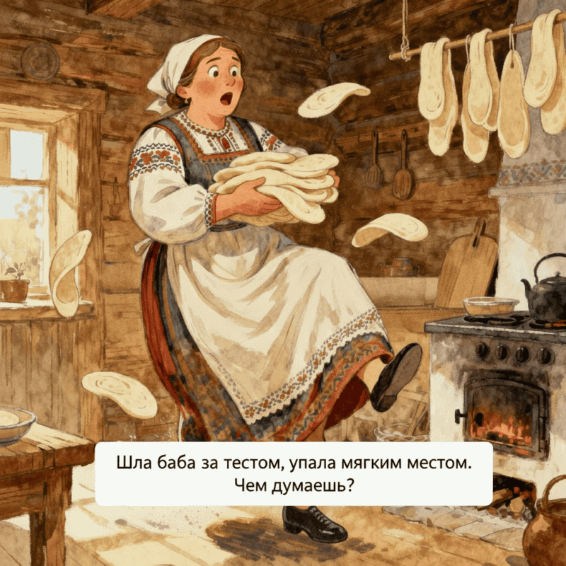 Шла баба за тестом, упала мягким местом. Чем думаешь?