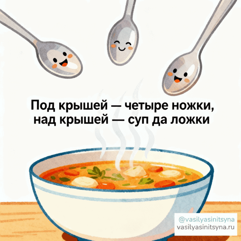Под крышей - 4 ножки, над крышей - суп да ложки