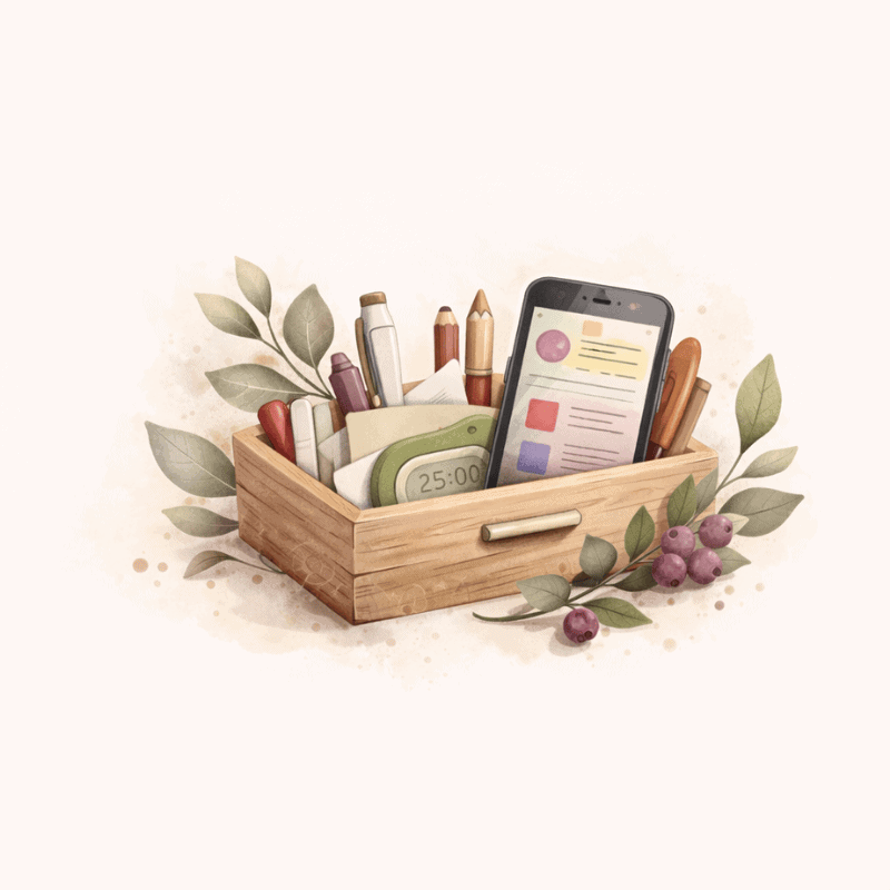 ADHD tools hub image with phone and practical support resources for routines, focus, and daily life