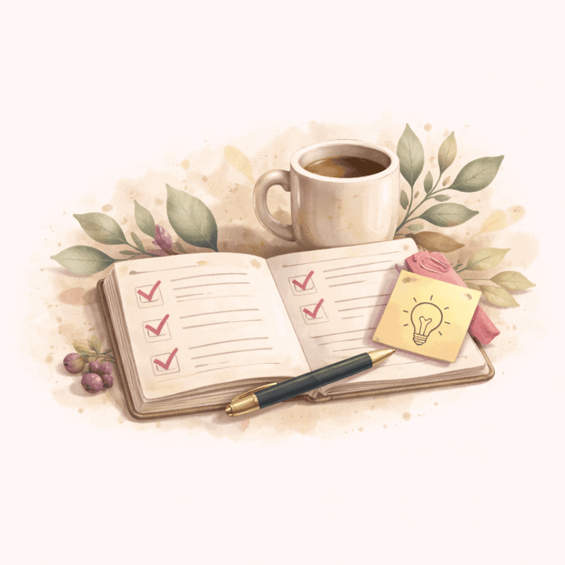 Open notebook with checklists, sticky note, and coffee cup representing ADHD weekly planning and organization