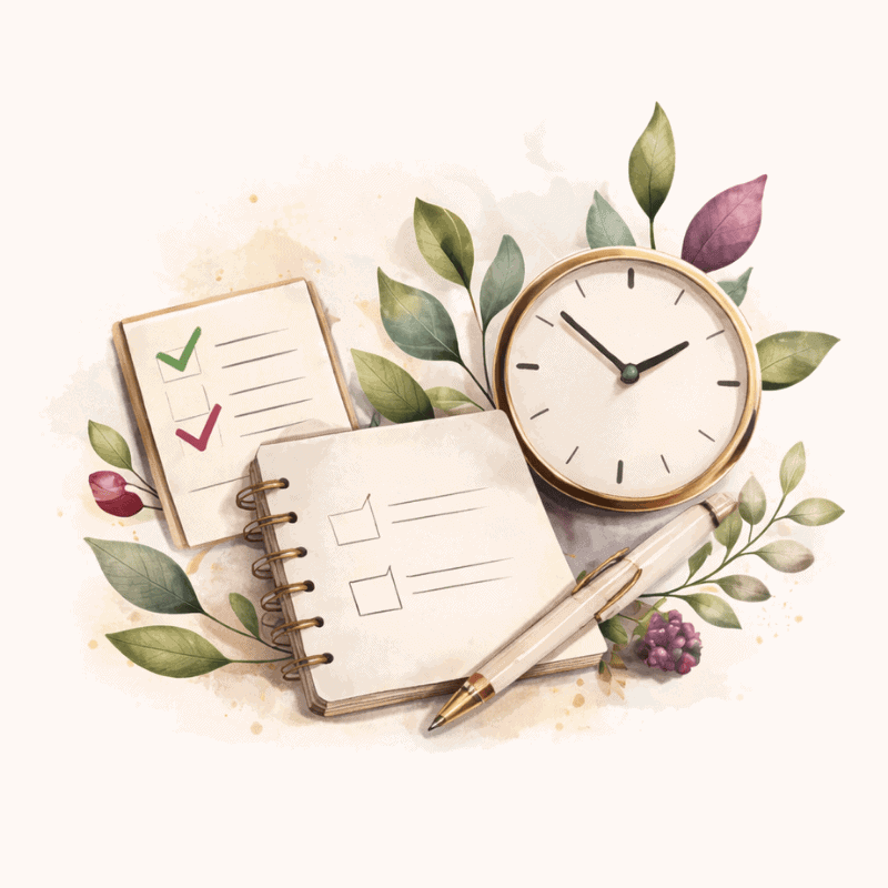 ADHD executive function support illustration with planner, checklist, and clock