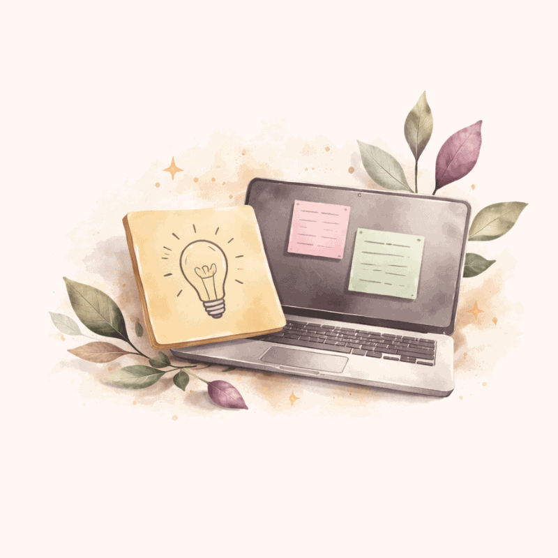 ADHD working memory support illustration with laptop and sticky notes for reminders