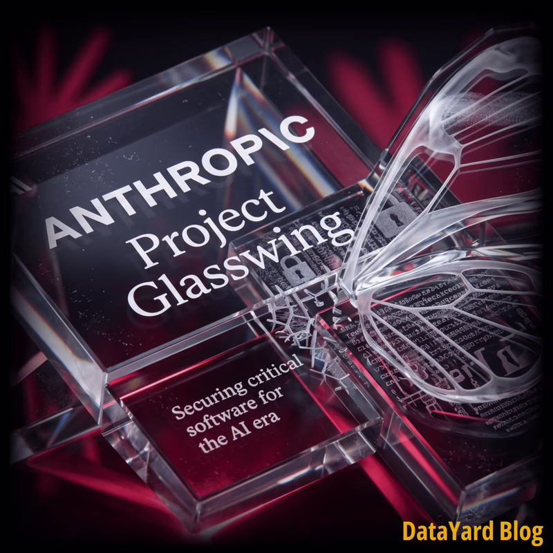 Images of glass screen that says "Anthropic Project Glasswing" with subheader that says "securing critical software for the AI era". On the right of the glass is a glass wing of a butterfly.
