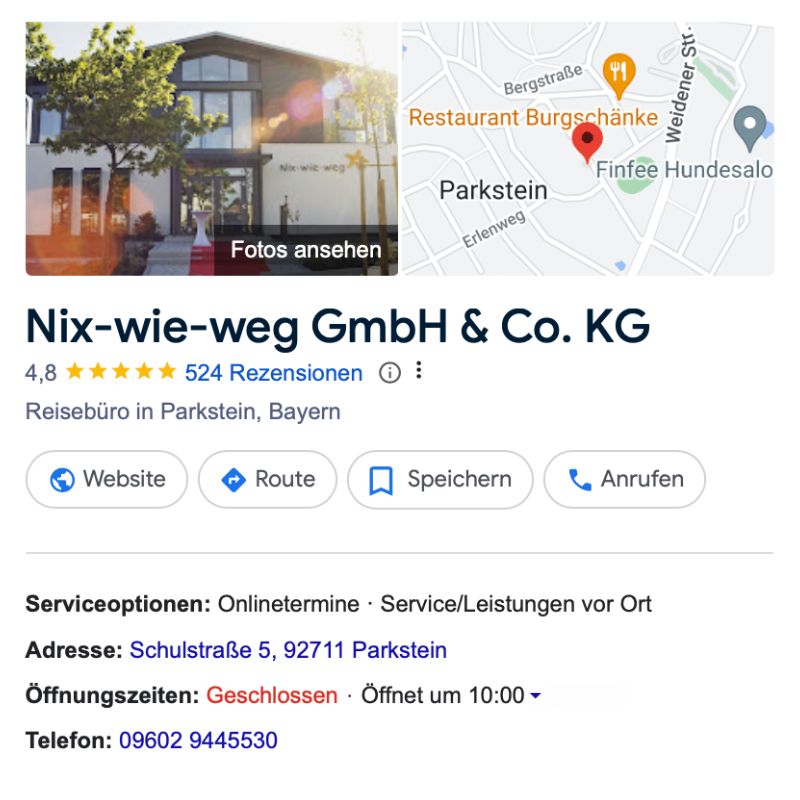 Google Bewertungen des Nix-wie-weg Reisebüros in Parkstein.