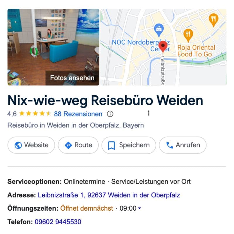 Google Bewertungen des Nix-wie-weg Reisebüros in Weiden.