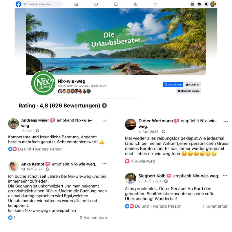 Facebook Bewertungen von Nix-wie-weg - Die Urlaubsberater
