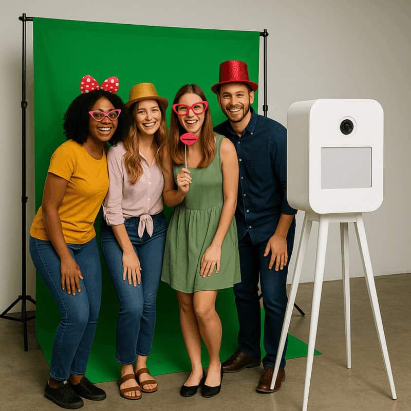 Group of friends enjoying a photo booth with props and green screen backdrop.