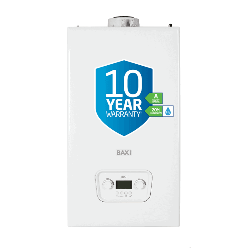 White boiler isolated image. Baxi type with 10 year sticker on front.