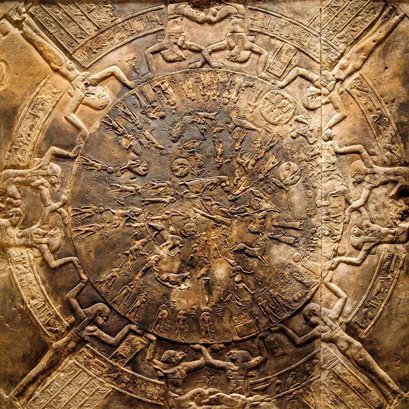 Circular Dendera Zodiac relief with celestial figures