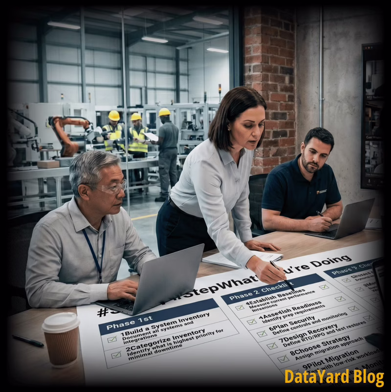 Image of a manufacturing team on a video call with an IT team reviewing a cloud migration checklist. “DataYard Blog” appears in the corner.