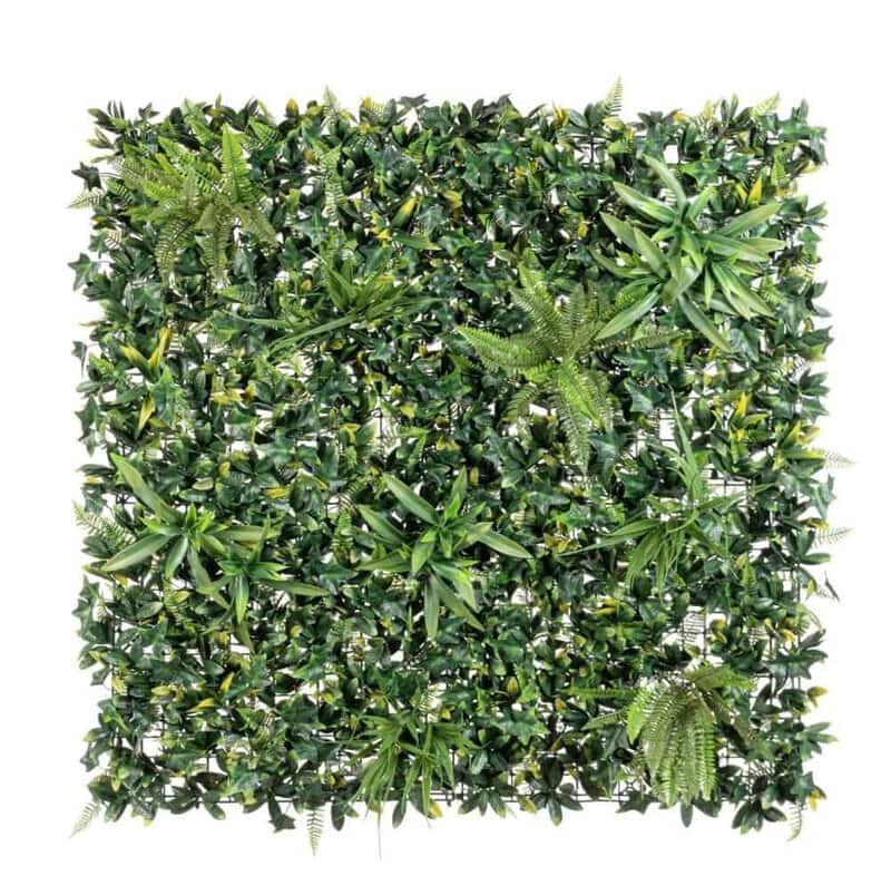 Pannello vegetale decorativo con foglie verdi, perfetto per interni ed esterni. Creazione di ambienti eleganti e naturali.
