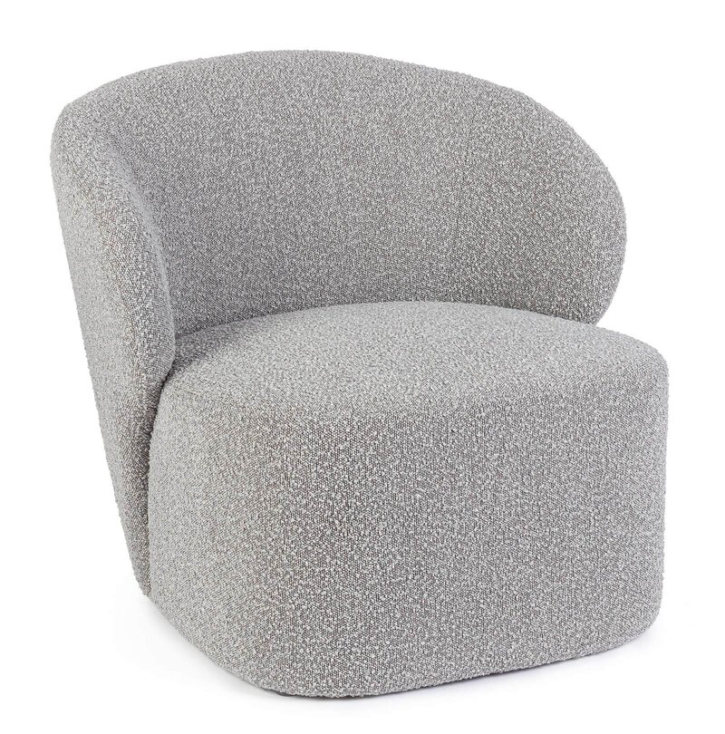 Poltrona moderna in tessuto grigio con design confortevole e stile elegante, ideale per soggiorno o studio.
