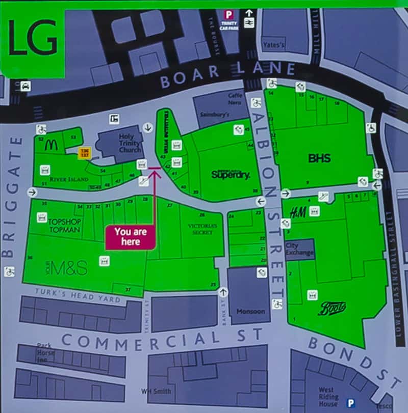 Mall map design for Trinity Leeds Shopping Centre which includes a 'You Are Here' marker