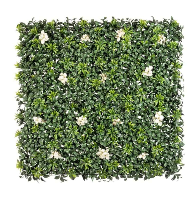 Pannello di recinzione in plastica con foglie verdi e fiori bianchi, ideale per decorazioni esterne e privacy.