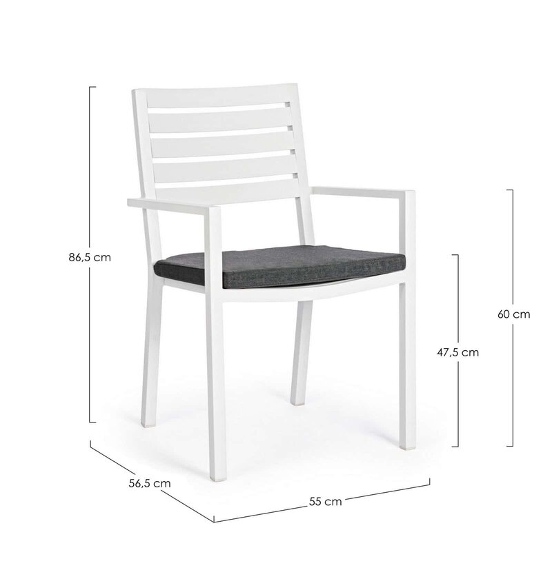 Sedia da esterno in legno bianco con cuscino grigio, design moderno e resistente, ideale per il giardino o balcone.