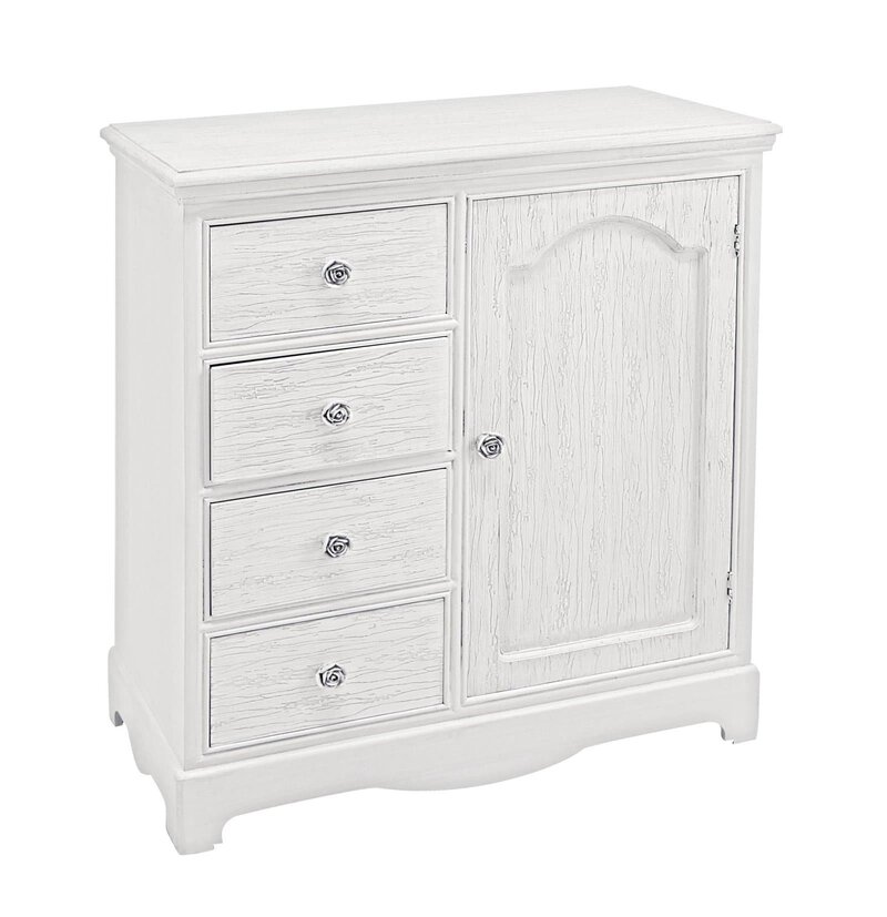 Mobili in stile classico, cassettiera bianca con quattro cassetti e porta, ideale per arredamenti eleganti e pratici.