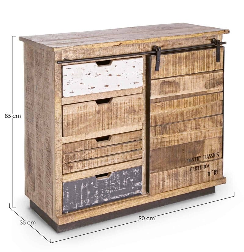 Comò in stile country rustico con cassetti in legno massello e dettagli vintage, perfetto per un arredamento shabby chic, dimensioni 90x35x85 cm.
