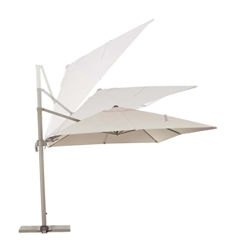 Ombrellone da esterno bianco con struttura resistente e tetto parasole, ideale per giardini e terrazzi.