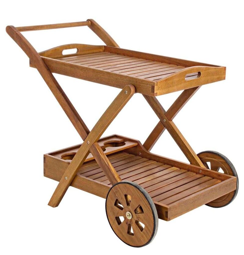 Carrello portavivande in legno teak con ruote per uso esterno. Elegante e resistente, ideale per bar e ristoranti.