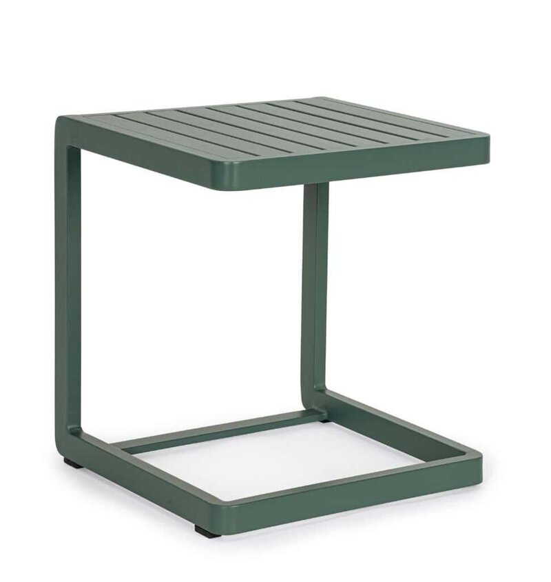 Tavolino da esterno in alluminio verniciato verde, ideale per giardini e terrazzi, design resistente e di tendenza.