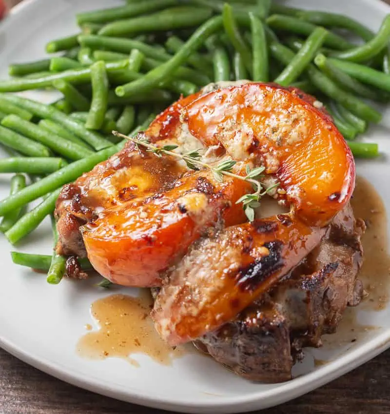 Pork Chops with Peaches on a plate