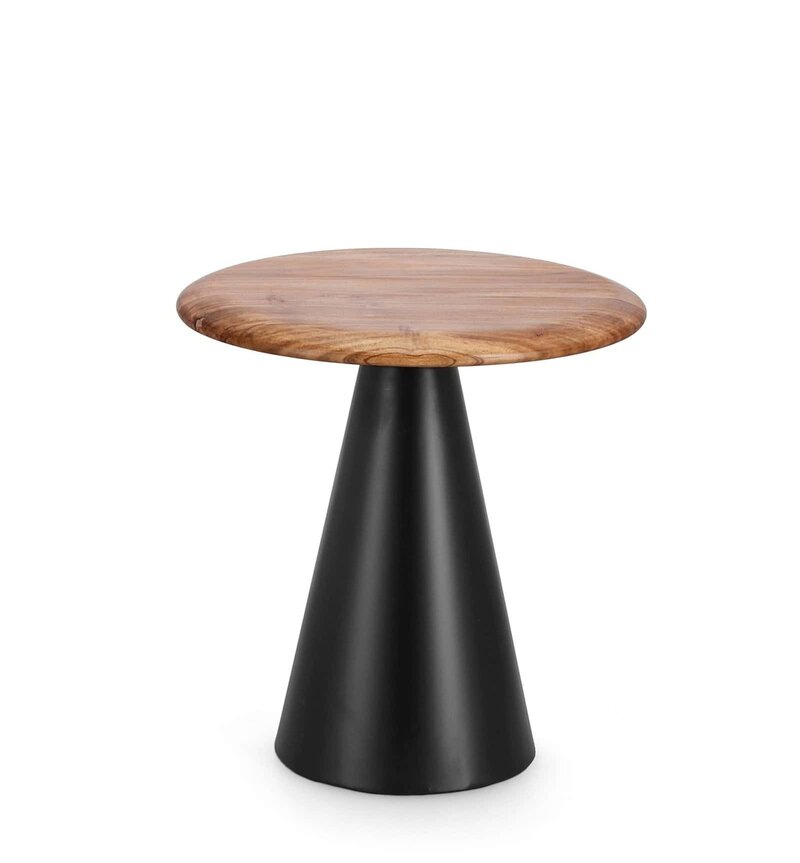 Tavolo moderno con piano in legno naturale e base nera, perfetto per ambienti eleganti e contemporanei.
