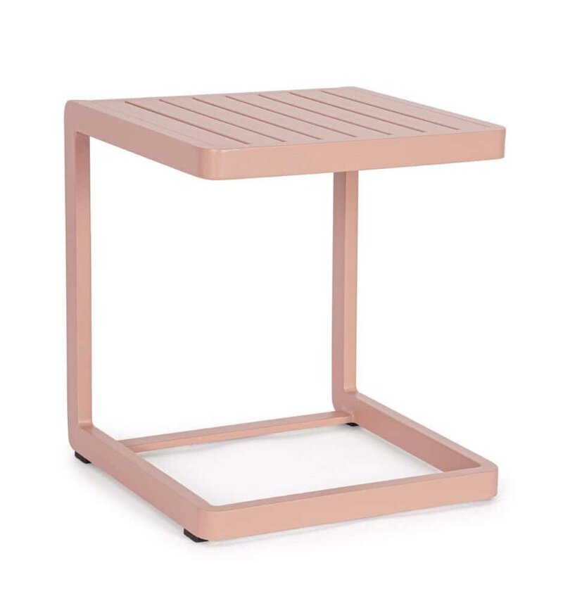 AI text only (max 100 caratteri): Tavolo moderno rosa in metallo con superficie liscia, perfetto per interni eleganti.