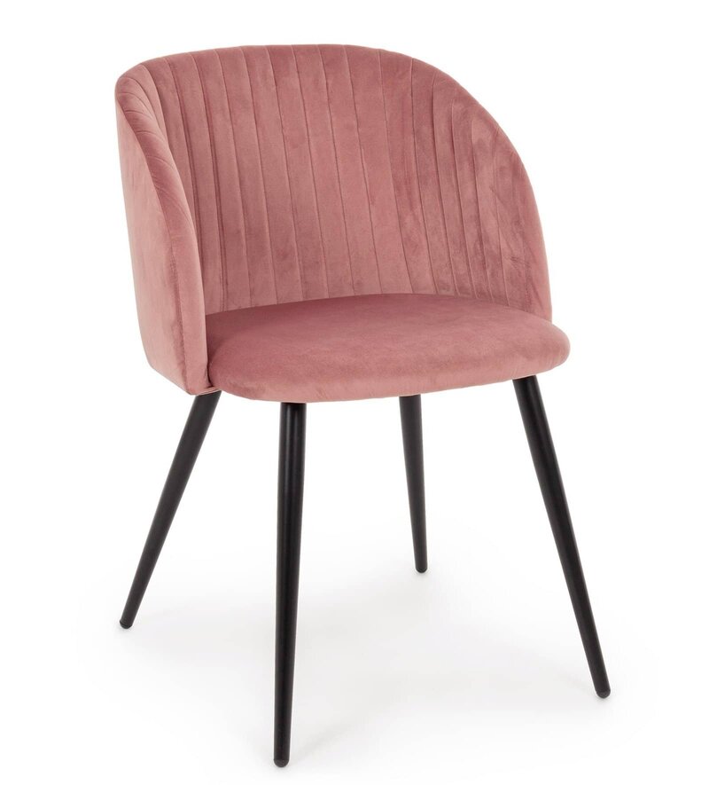 Sedia imbottita in velluto rosa, design moderno con gambe nere, perfetta per interni eleganti.