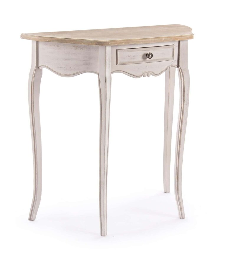 Comodino vintage con finitura shabby chic, perfetto per arredi eleganti e raffinati.