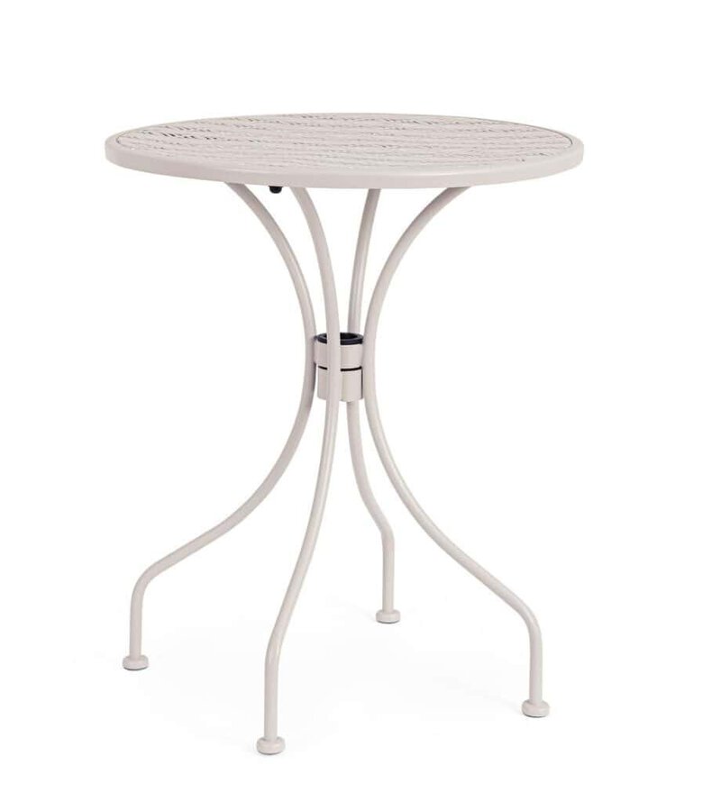 Tavolo da giardino in metallo bianco per esterno, design elegante e resistente.