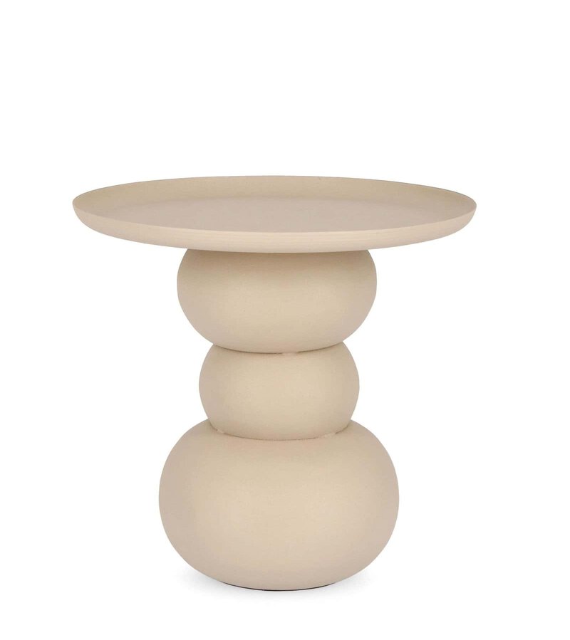 Oggetto di design in ceramica beige con base a sfere e piano ovale, perfetto per ambienti eleganti e contemporanei.