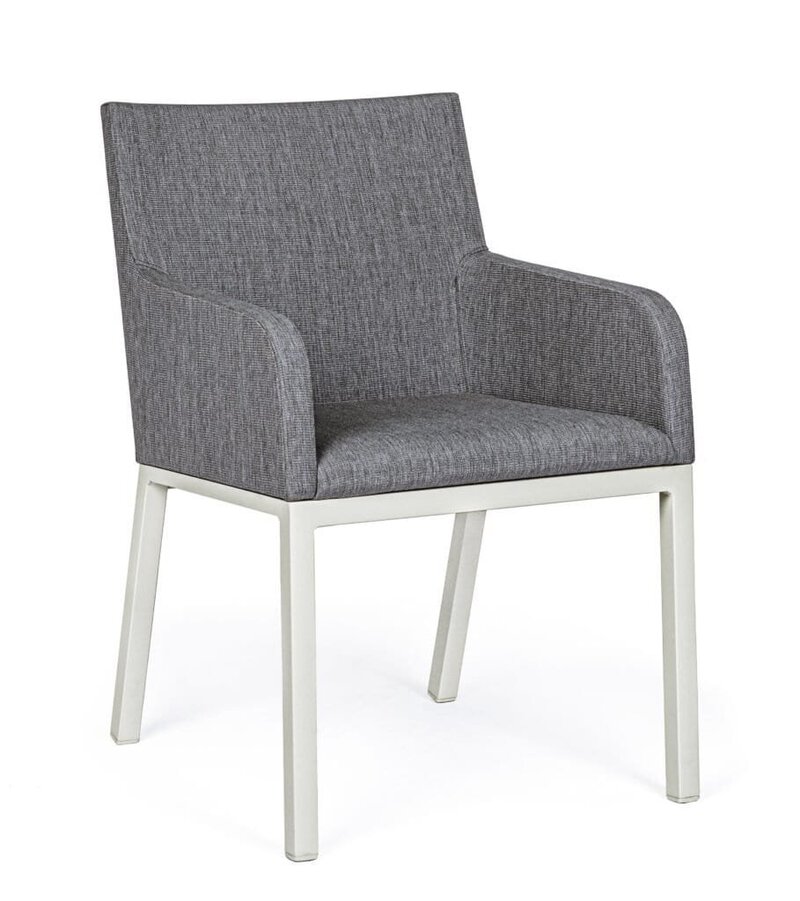 Sedia elegante in tessuto grigio con struttura in legno bianco, perfetta per arredo casa e ufficio.