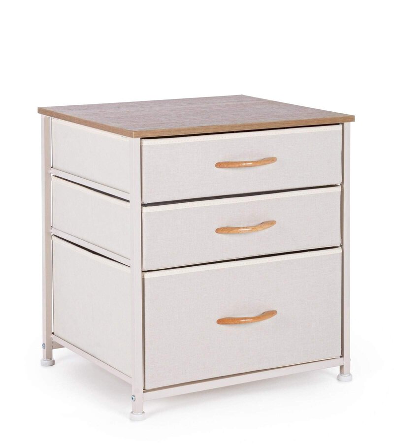 Cassettiera con struttura in tessuto e telaio in metallo, ideale per arredo casa e ufficio.