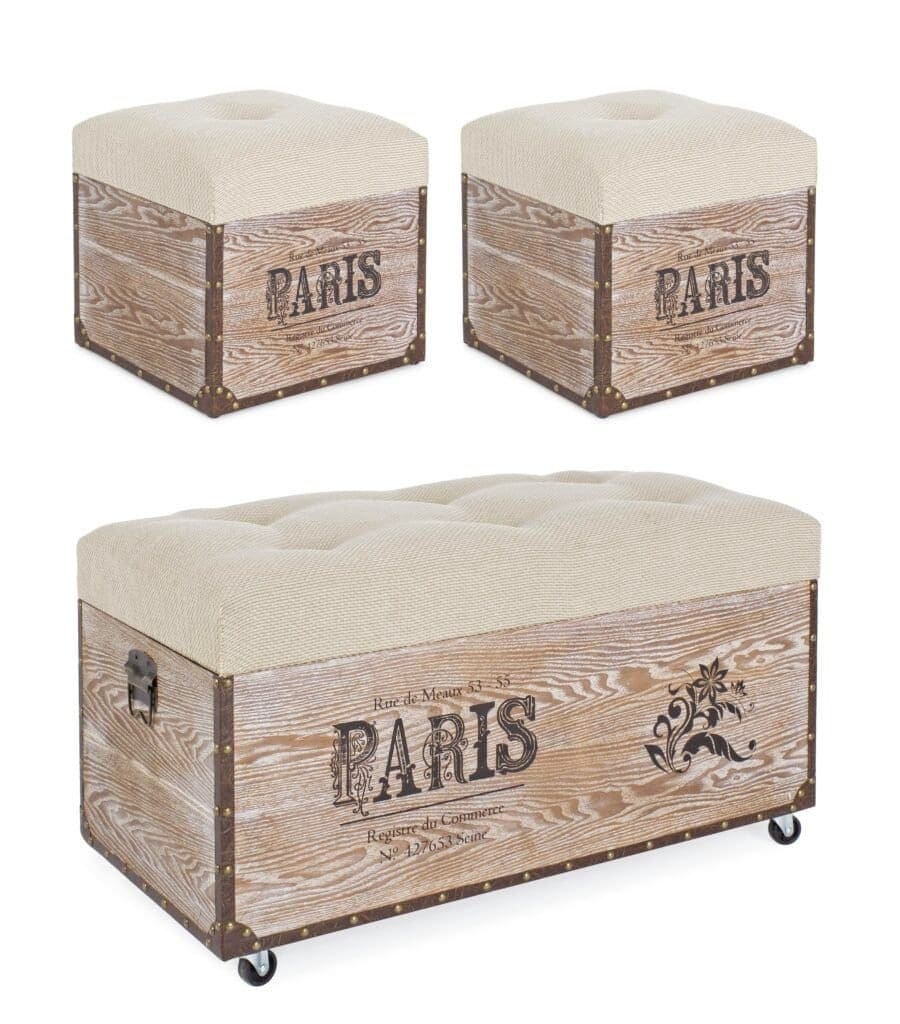 Pouf con finiture in legno e tessuto beige, design francese, ottimo per ingresso o salotto.