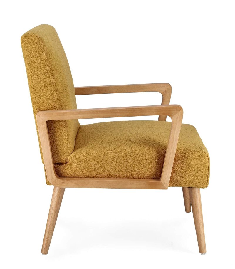 Sedia moderna con struttura in legno e rivestimento giallo, ideale per soggiorno o ufficio.