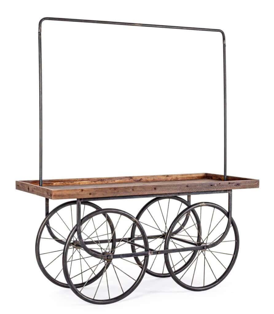 Carrello vintage con ruote in ferro e piano in legno, perfetto come decorazione o mobili vintage artigianali.