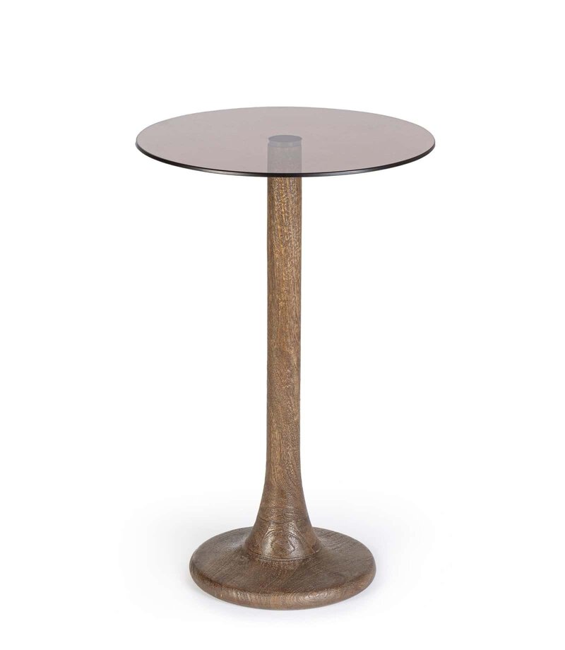 Tavolino elegante con piano in vetro sfumato e base in legno naturale, perfetto per ambienti moderni e stilosi.