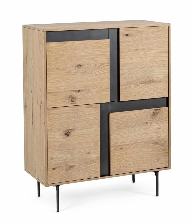 Comò in legno naturale con dettagli neri, stile moderno e funzionale per arredi eleganti.