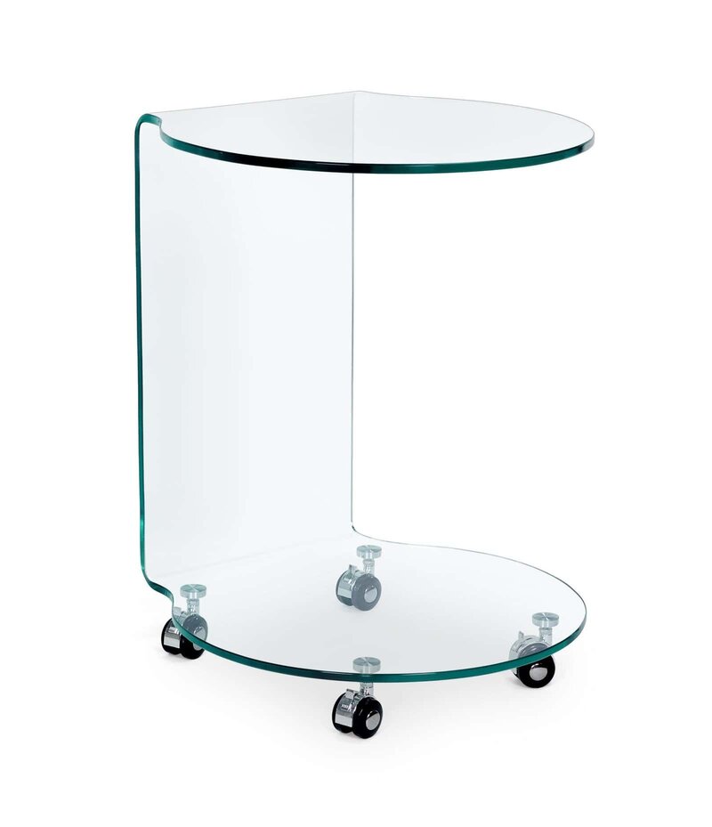 Tavolino in vetro con ruote, stile moderno ed elegante, ideale per soggiorno e ufficio.