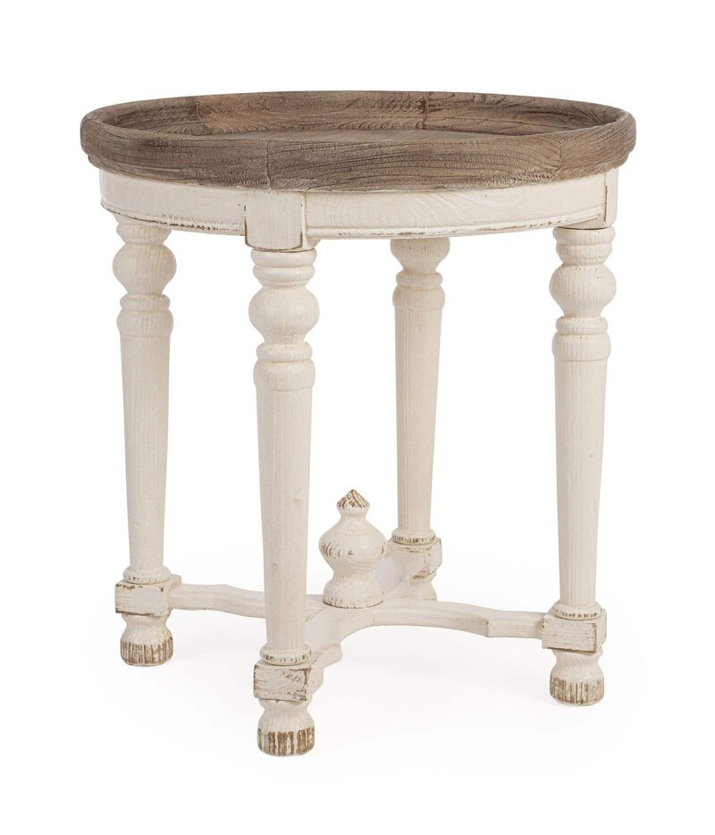 Tavolino in legno naturale con gambe reclinate, stile vintage country chic. Perfetto per interni e esterni.