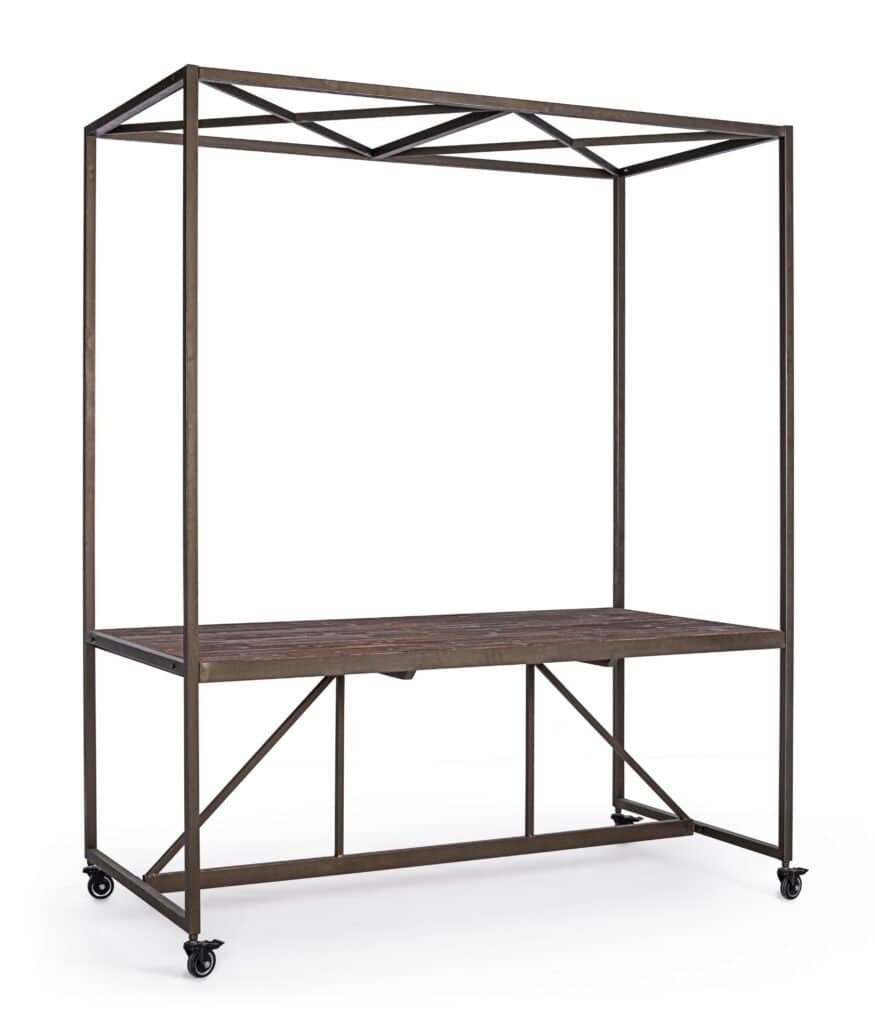 Alt text: Struttura in ferro e tavolo in legno per arredo esterno moderno e resistente.