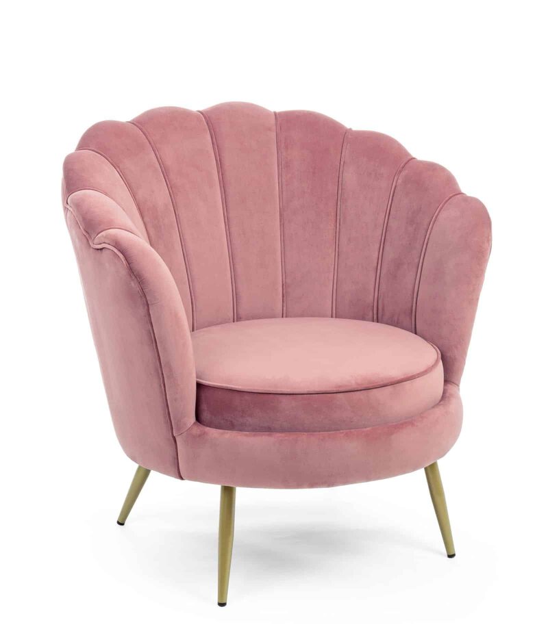 Poltrona in velluto rosa con design vintage e dettagli raffinati. Perfetta per salotti eleganti e moderni.