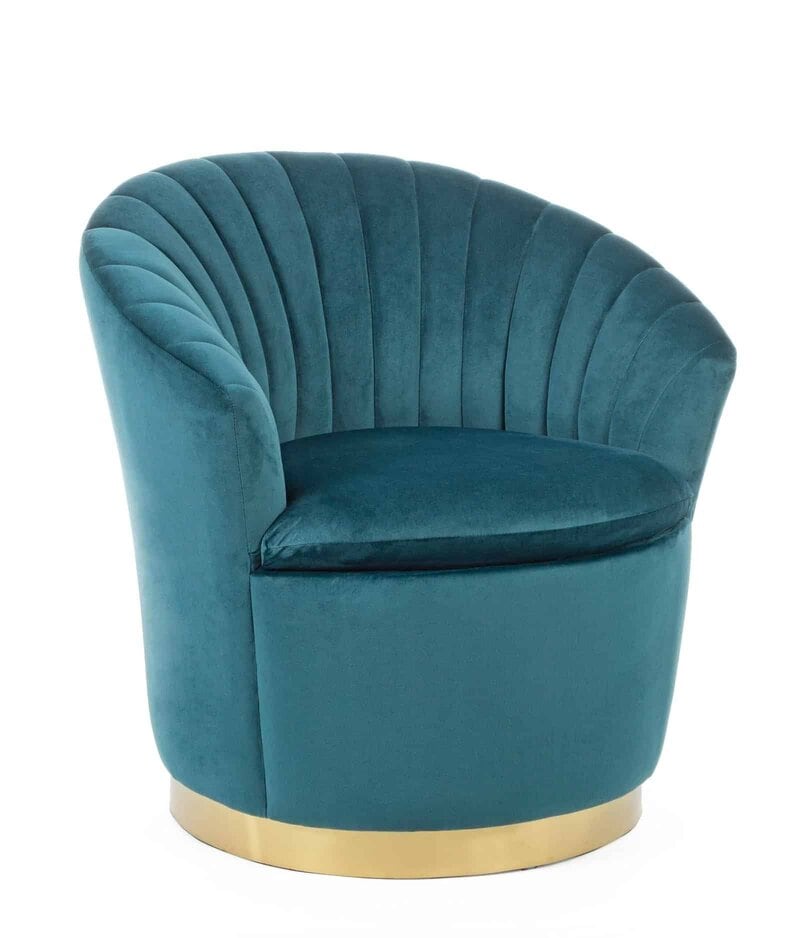 Poltrona elegante in velluto blu con base dorata, perfetta per soggiorno o camera da letto.