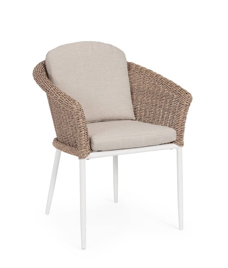 Sedia da giardino in rattan e tessuto, design raffinato per spazi outdoor e interni.