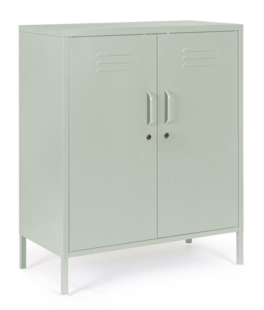 Armadio ufficio in metallo con doppie ante e scomparto interno, stile industriale robusto.