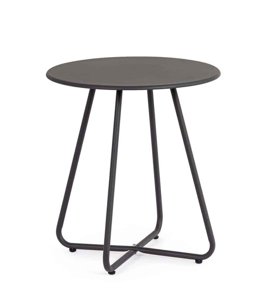 Tavolo moderno nero con gambe in metallo, ideale per soggiorno o ufficio.