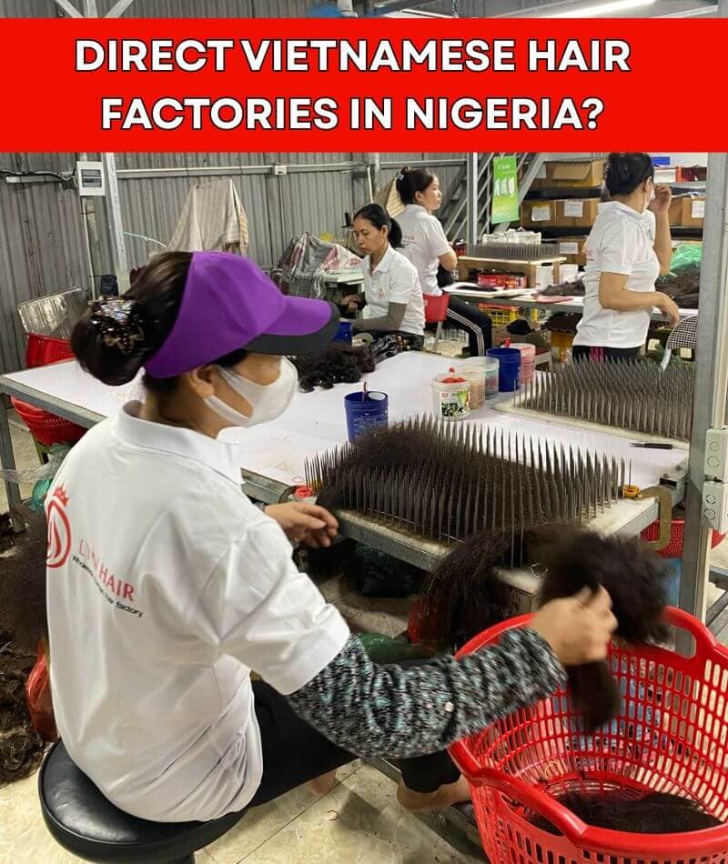 Vietnamese factory workers processing hair
