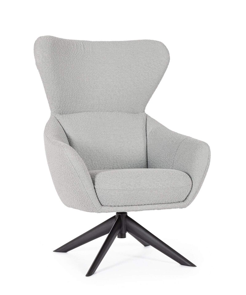 Sedia relax moderna in tessuto grigio con base nera, design elegante e comfort ottimale.