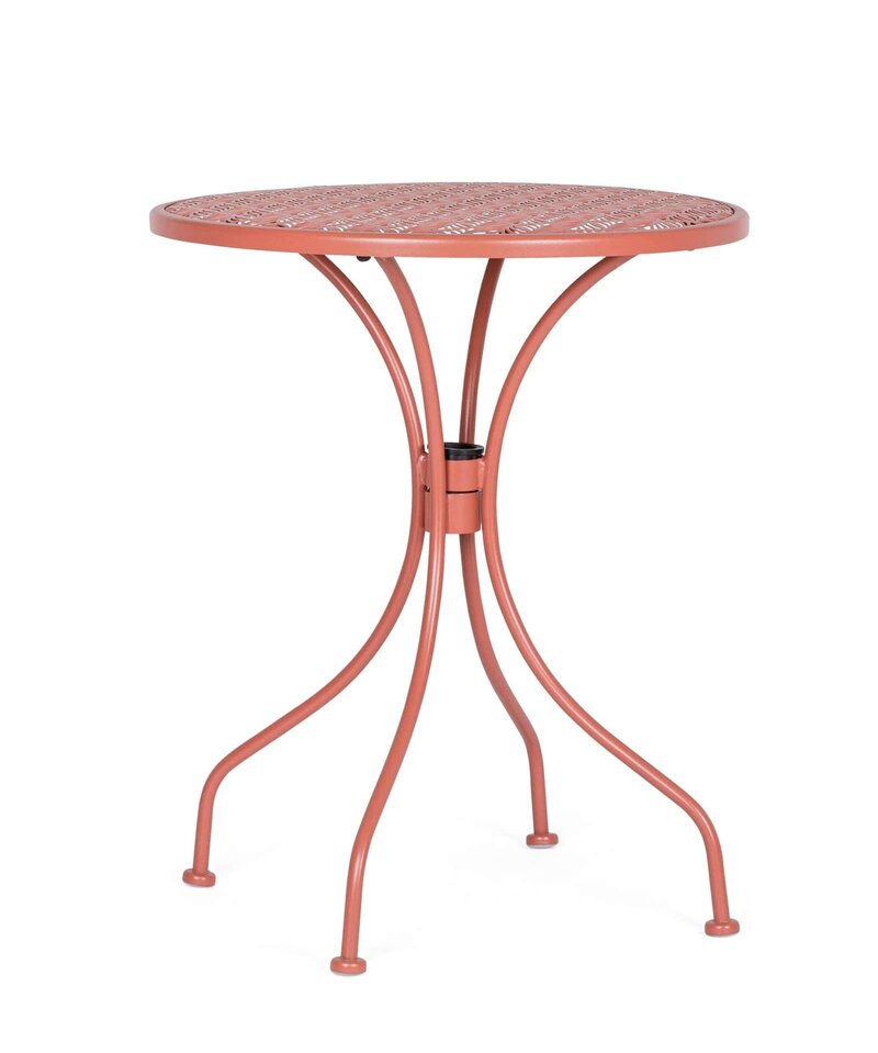 Tavolo da esterno in ferro rosa con piano traforato, stile elegante e resistente ai terreni esterni.