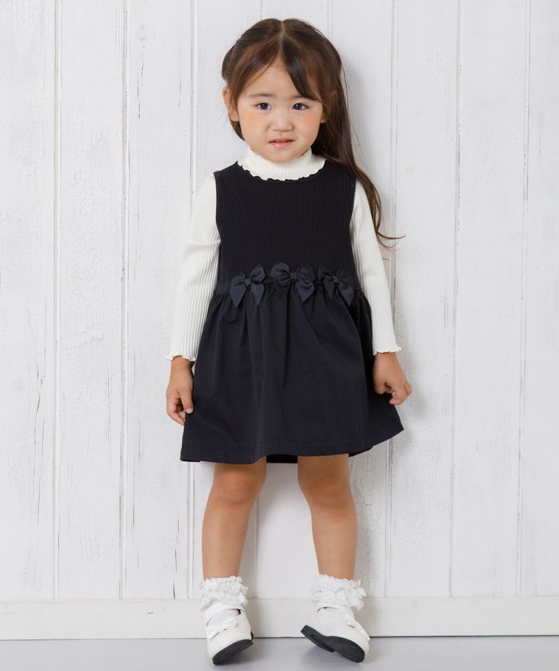 リボン付きギャザー異素材切り替えドッキングワンピース